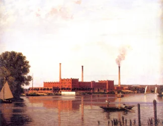 Berlin - Wäscherei und Färberei Spindler an der Spree bei Köpenick, Gemälde eines unbekannten Künstlers 1881